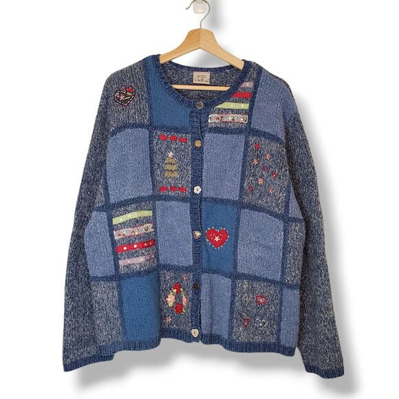vintage Sweaters - Vintage 90s patchwork style knit cardigan sweater blue size XL